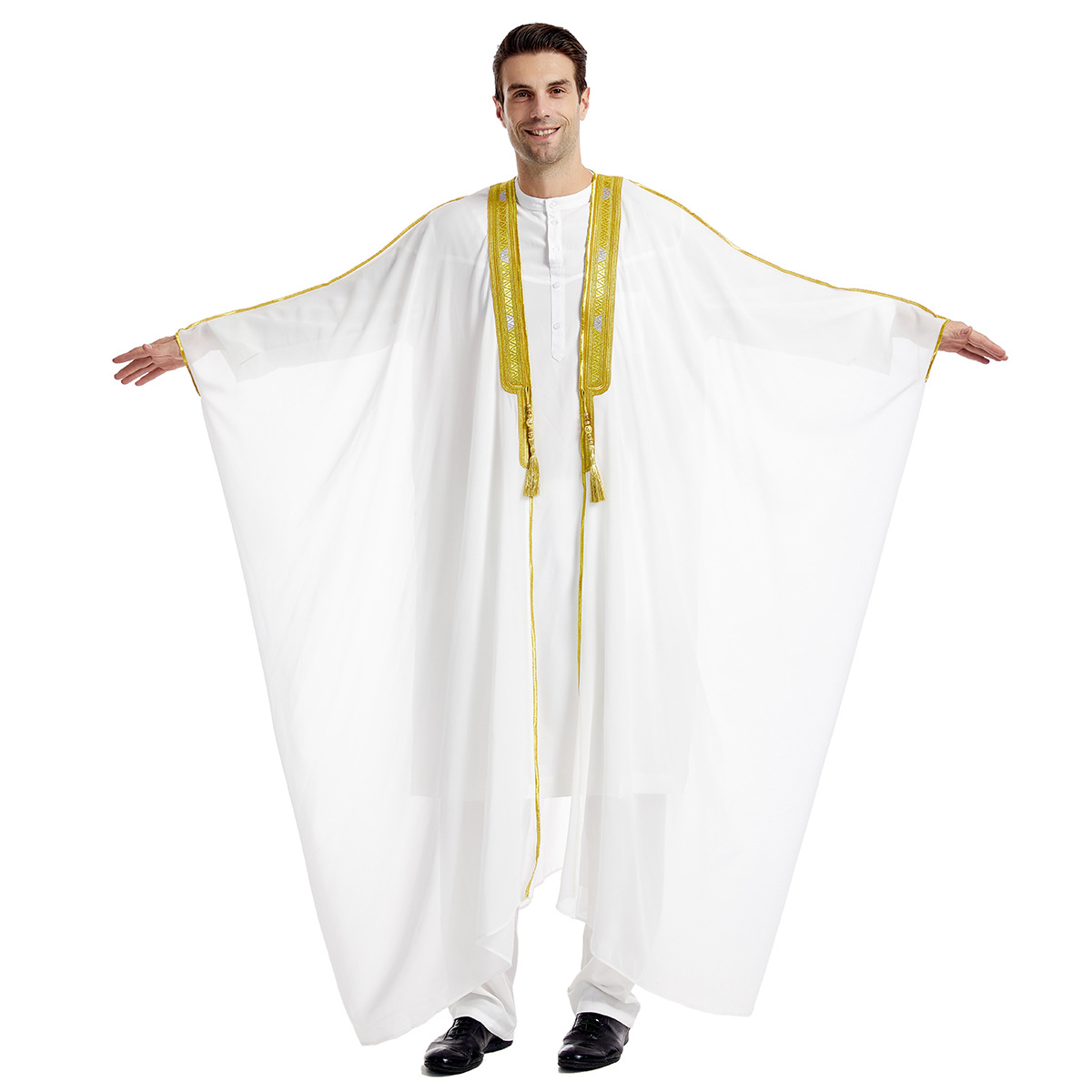 Bata de manga larga con contraste bordado para hombre, capa Thobe, Abaya, Burqa, Ramadán, islam, Color saudita