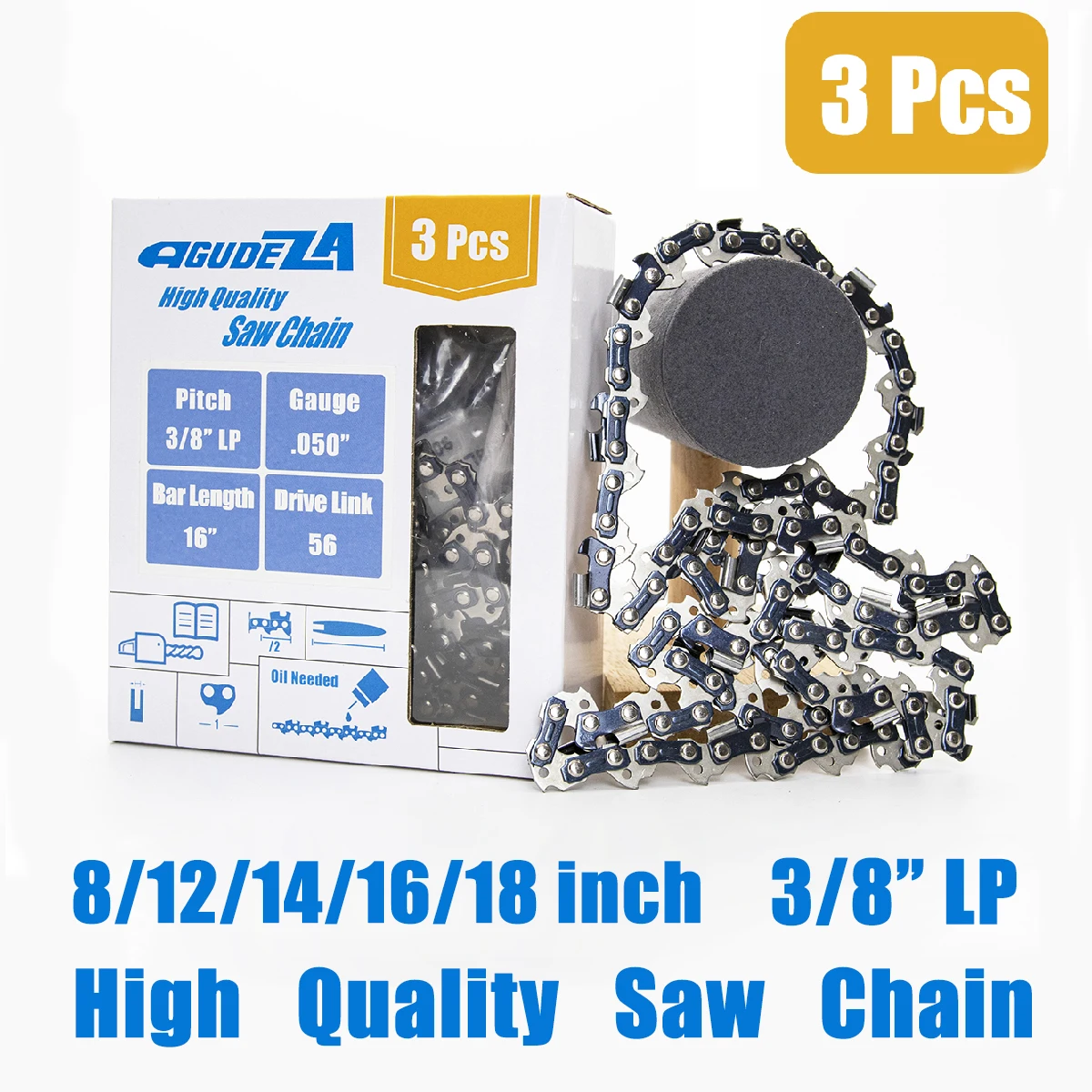 AGUDEZA 3 Pcs 8/12/14/16/18 Inch Chainsaw Chain 3/8" LP Picth 043 050 Gauge Saw Chian Pole Chiansaw Blades Replacement