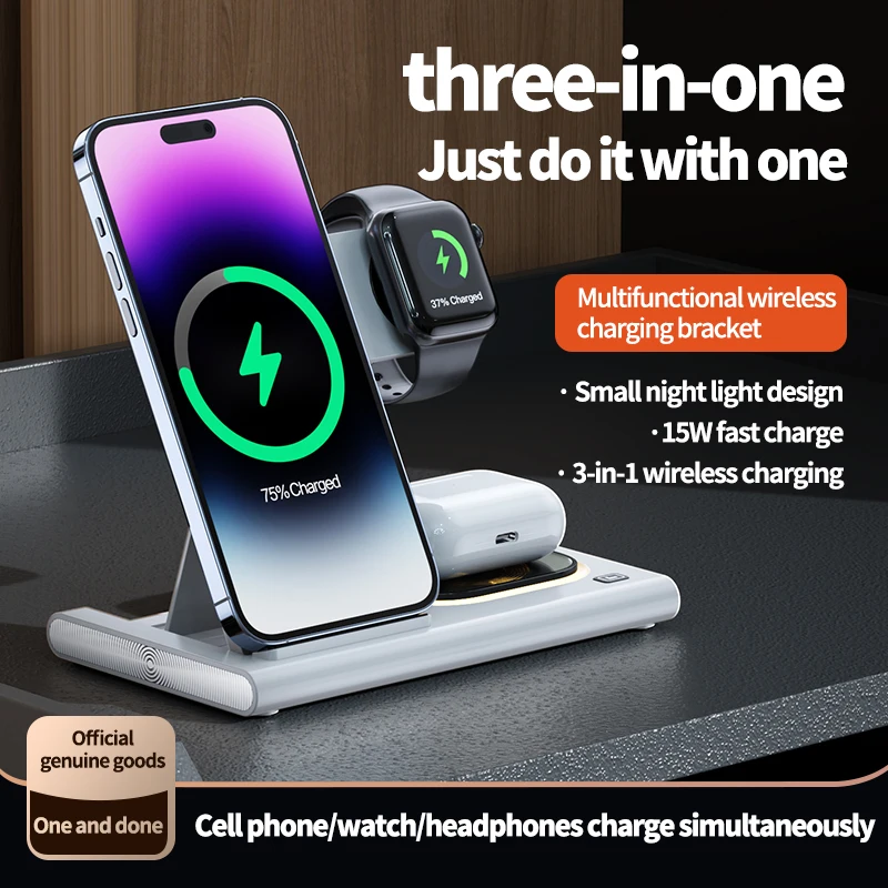 Supporto per caricabatterie wireless da 15 W 3 in 1 per iPhone 14 13 12 Pro Max Apple Watch 8 7 Samsung Watch 5 Airpods Dock station di ricarica rapida