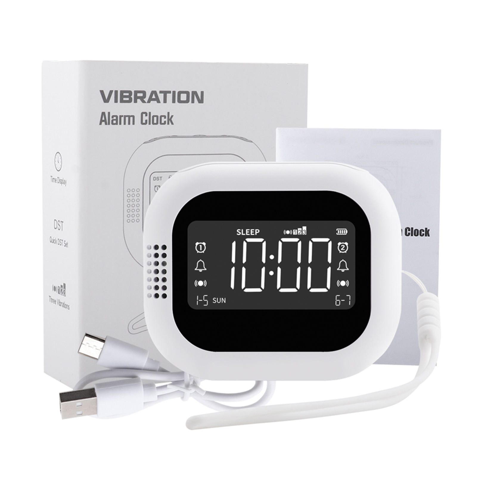 LED-display Trillingswekker Oplaadbaar Wit Ruis Natuurlijk geluid Multifunctionele klok Diepe slaap digitale klok