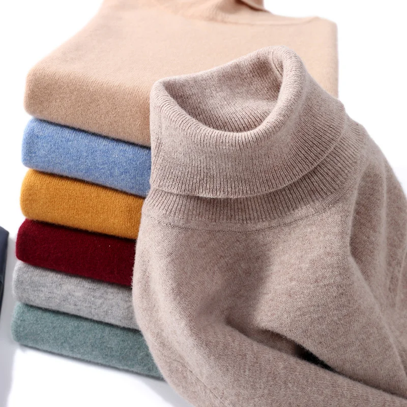 Herren-Rollkragenpullover aus 100 % reiner Wolle für Herren, 2024, Herbst und Winter, große Größe, lockerer Strickpullover, warm halten, Oberteile, Herrenpullover