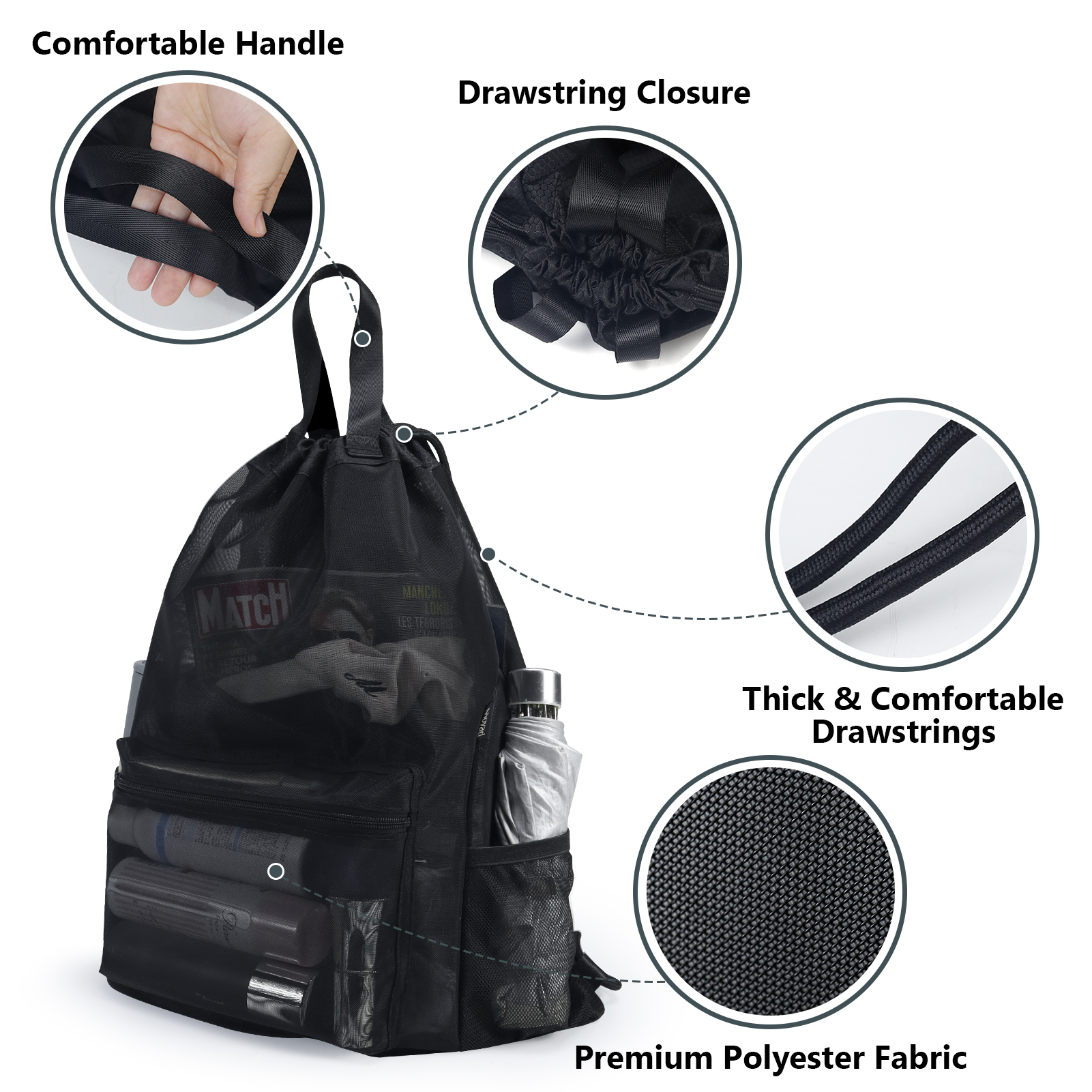 Aosbos Mesh Backpack for Men Women Casual Daypack Backpacks 35L Large Gym Drawstring Bags Semi-transparent for Travel Hiking