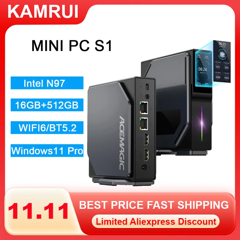 KAMRUI Mini PC S1 N97 16GB DDR4 512GB M.2 SSD Mini Computer with W11 PRO WiFi6 BT5.2 4K Mini Desktop Computer Work Business PC