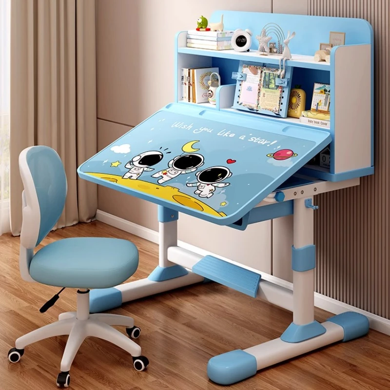 2Pcs/Set Height Adjustable Children School Study Table Chair Set Kids Study Desk Chair Set with Sitting Corrector and Book Stand