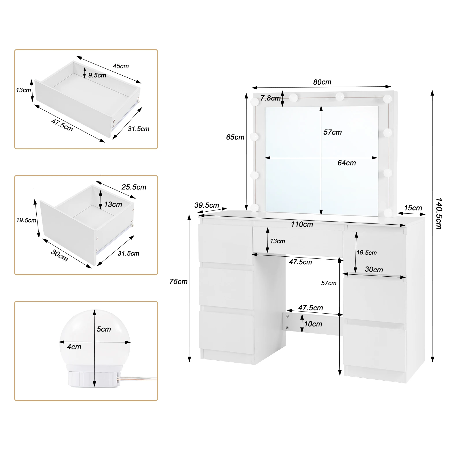 Toeletta Vanity con illuminazione a LED Luminosità regolabile Tavolo cosmetico Specchio grande 7 cassetti per camera da letto per ragazze e donne
