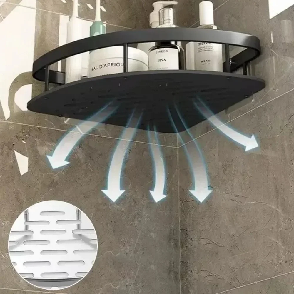 Organizador de armazenamento de canto para banheiro, sem broca, montagem na parede, prateleira de armazenamento, chuveiro, organizador com cesta de drenagem adesiva