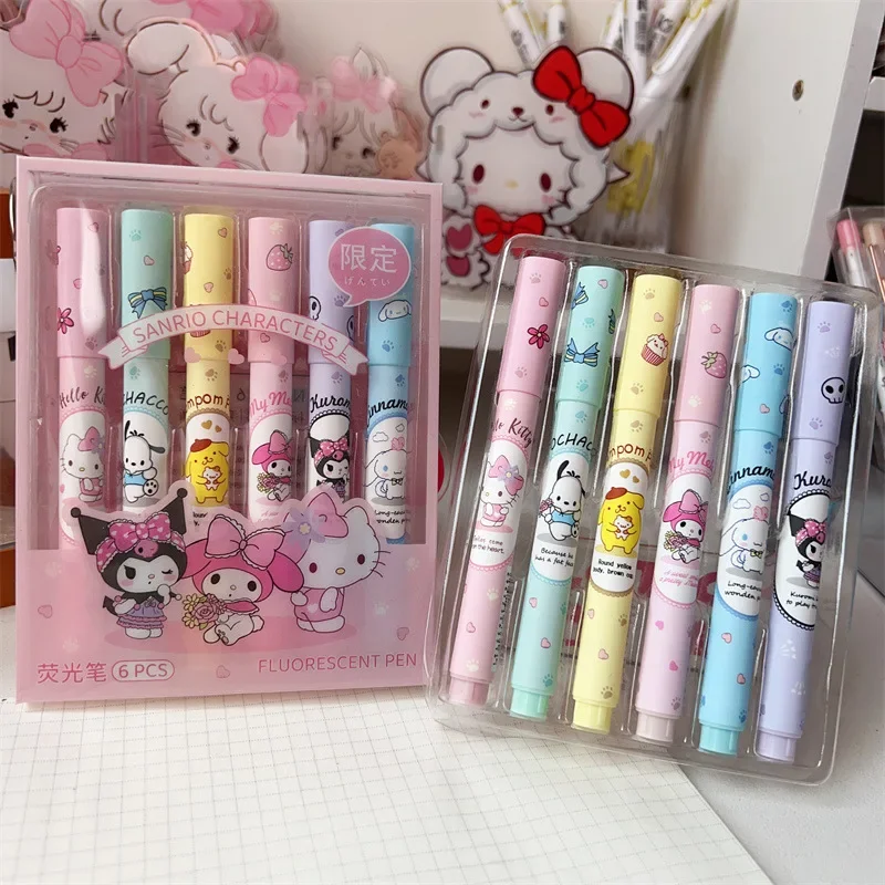 Sanrio-Juego de rotuladores fluorescentes de Hello Kitty, rotuladores Kawaii Kuromi Melody Cinnamoroll Art, papelería escolar, 6 unids/lote por caja