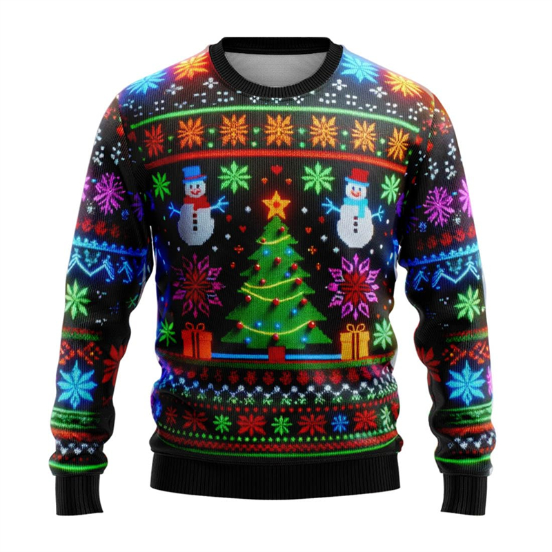 Neon-Schneemann-Grafik-Sweatshirt 2025, Frohe Weihnachten, 3D-gedruckter hässlicher Pullover für Damen, Kleidung, Schneeflocken-Geschenke, Jungen-Trainingsanzug