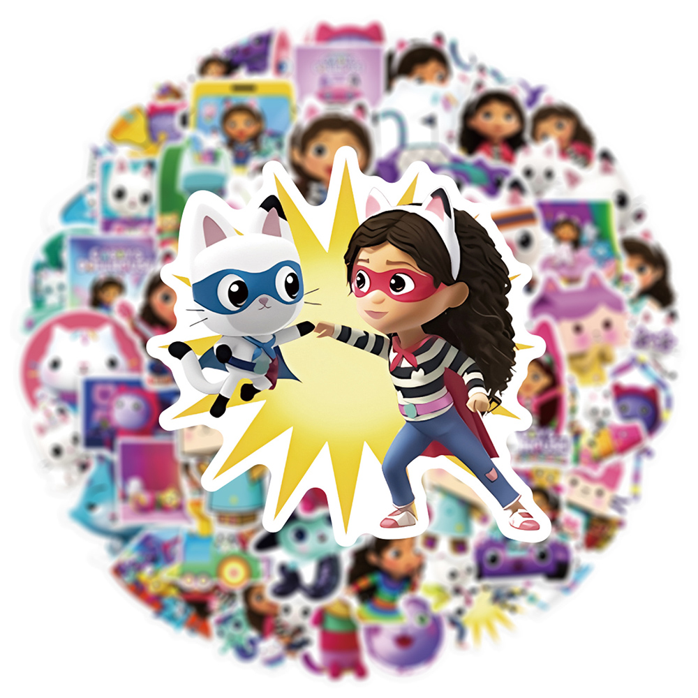 10/30/50 pçs bonito gabby casa de bonecas dos desenhos animados adesivos engraçado animação decalques garrafa água telefone bagagem adesivo para crianças brinquedo presente