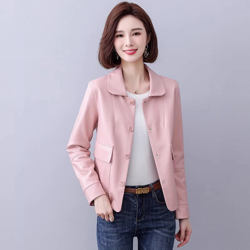 Neu Frauen Süße Lederjacke Frühling Herbst Mode Umlegekragen Einreihig Kurzer Mantel Spaltleder Freizeitjacke