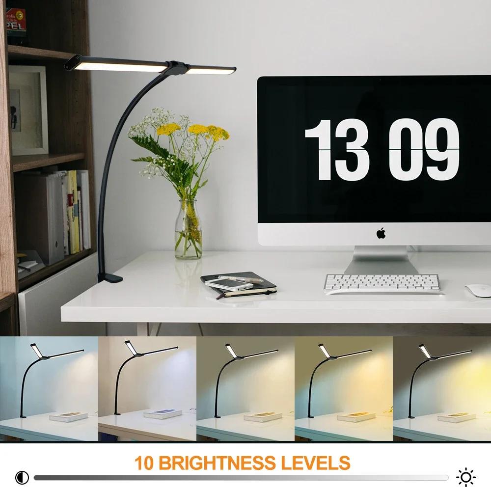 Augenschutz, dimmbare LED-Schreibtischlampe mit Klemmschwenkarm, 3 Farbmodi, 10 stufenlos dimmbare LED-Tischleuchten, flexibler Schwanenhals