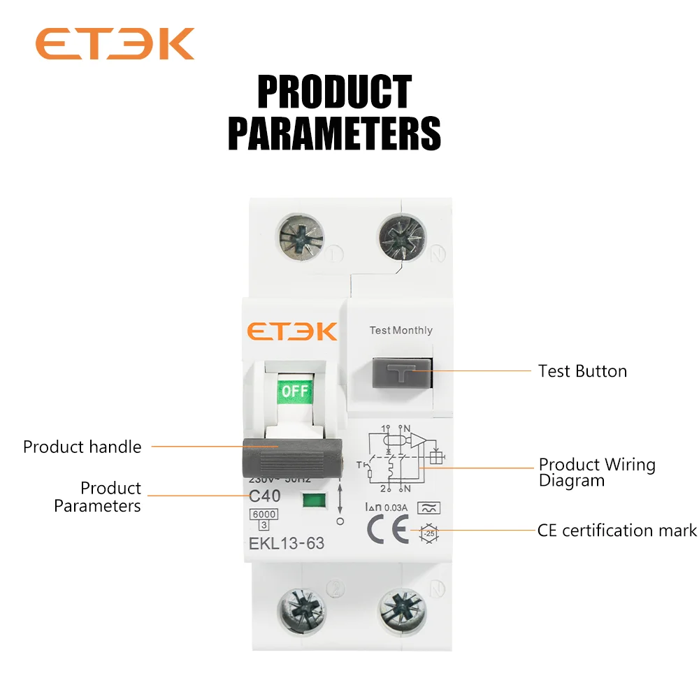 ETEK RCBO Автоматический выключатель остаточного тока низкого напряжения типа A 30 мА 2P (1P + N) Защита от утечки короткого тока RCD EKL13
