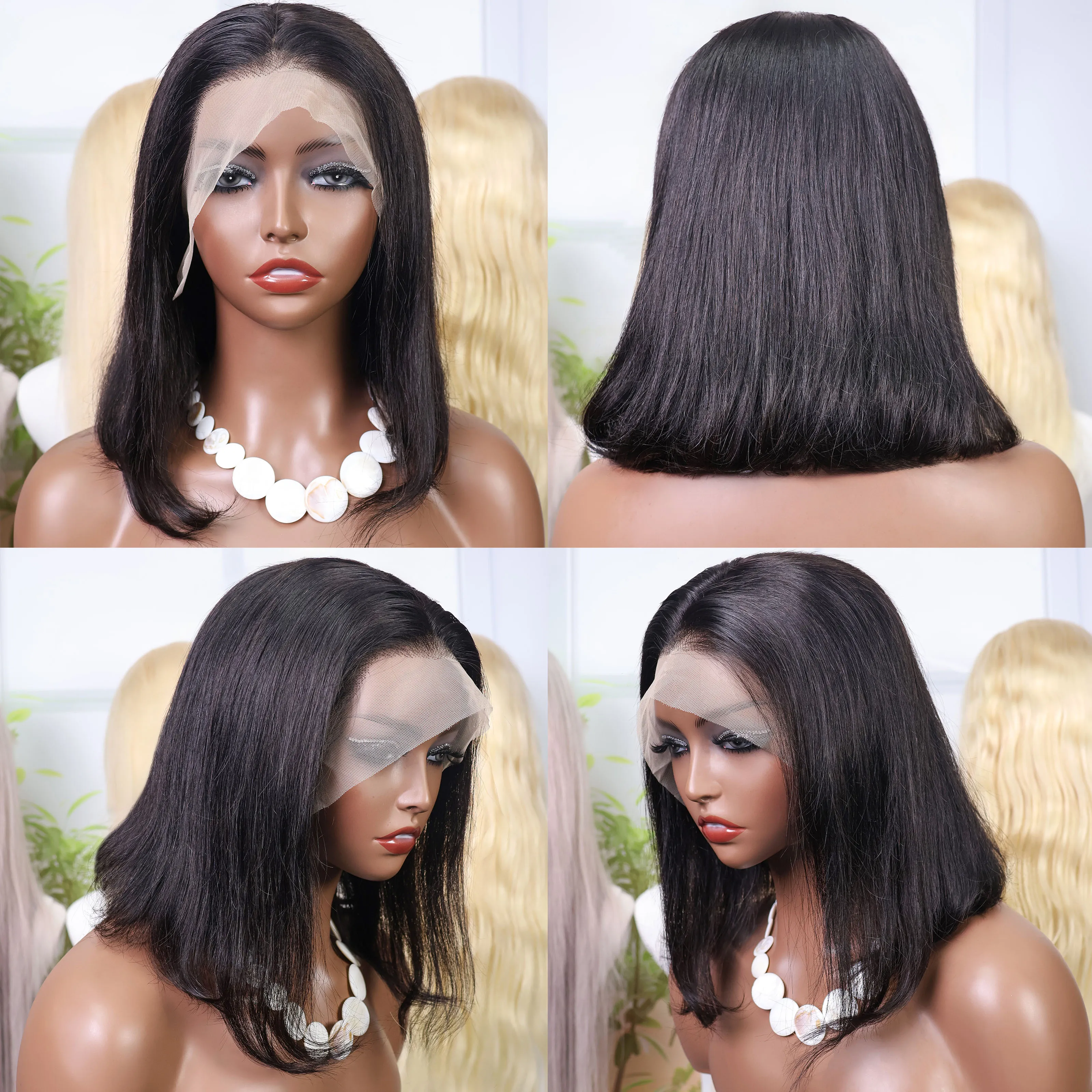 Bob peruca de cabelo humano peruca dianteira do laço cabelo humano 100% transparente 13x6 13x4 osso em linha reta laço frontal bob perucas 14 Polegada preto natural