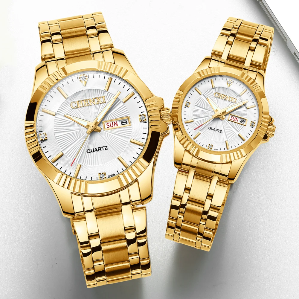 Chenxi Luxus uhren Paar Mode goldene Quarzuhr für Männer Frauen wasserdichte Edelstahl Datum Woche analoge Armbanduhren
