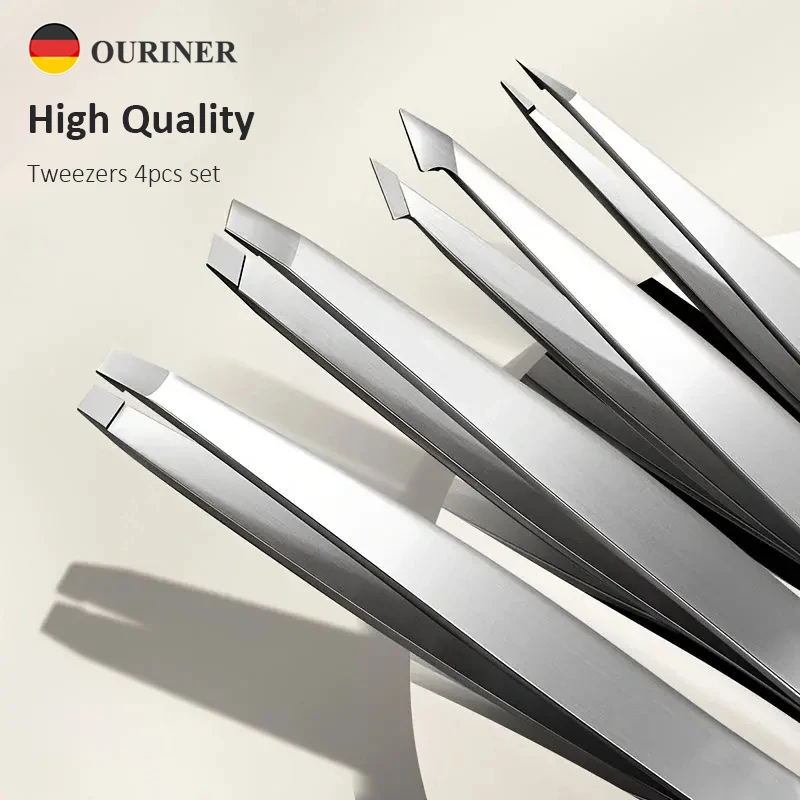 Juego de pinzas para cejas Ouriner, 4 Uds., pinzas para cejas de acero inoxidable, juego de herramientas de belleza profesional para el crecimiento interior del vello Facial