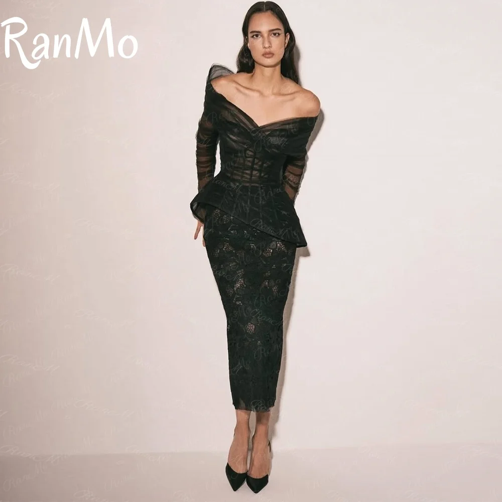 Sukienki wieczorowe Ranmo 2025 czarne tiulowe koronkowe z długim rękawem sukienki na studniówkę do kostek eleganckie damskie Vestidos De Fiesta szyte na miarę