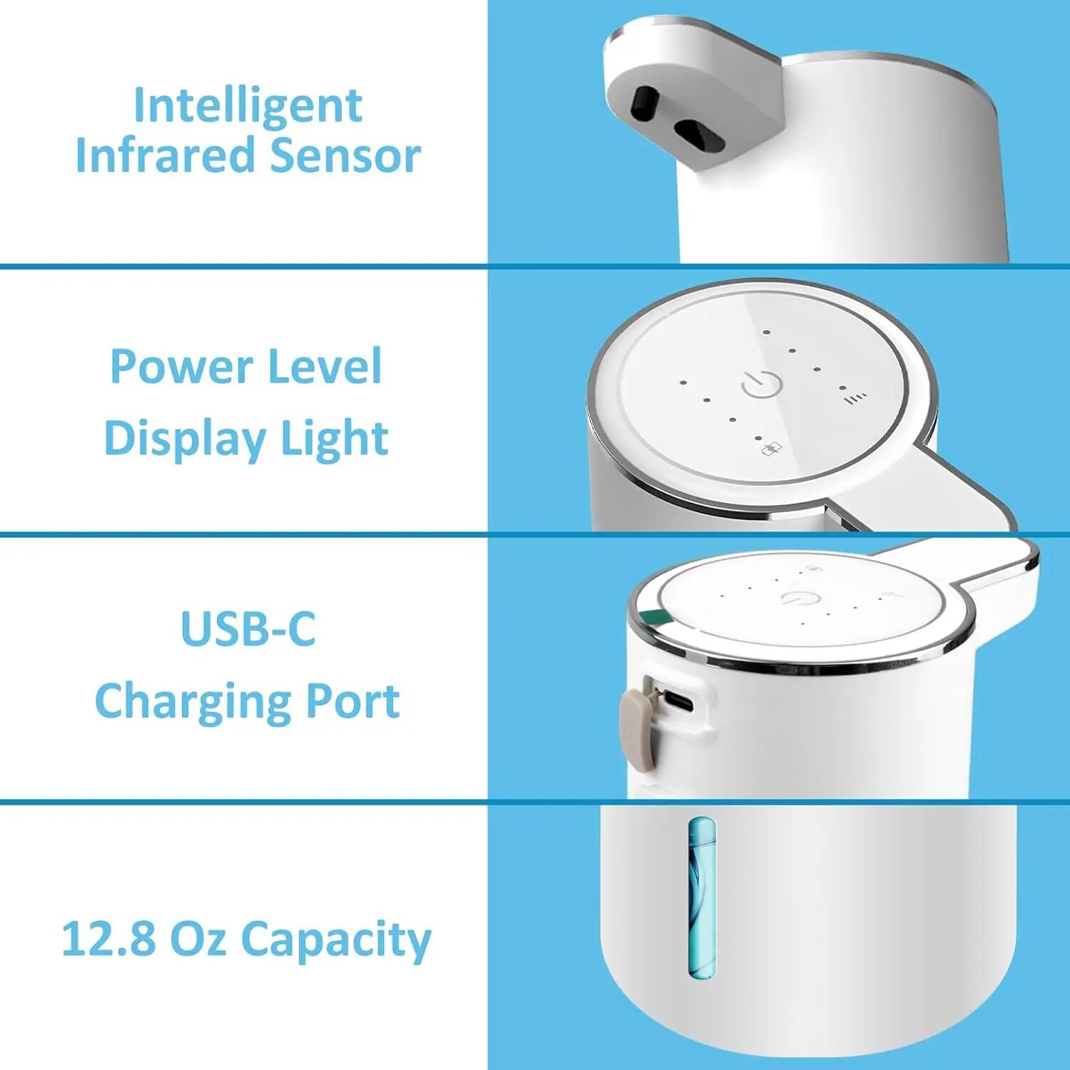 自動石鹸ディスペンサータッチレス発泡石鹸ディスペンサー380ml USB充電式電気4レベル調整可能泡石鹸ディスペンサー