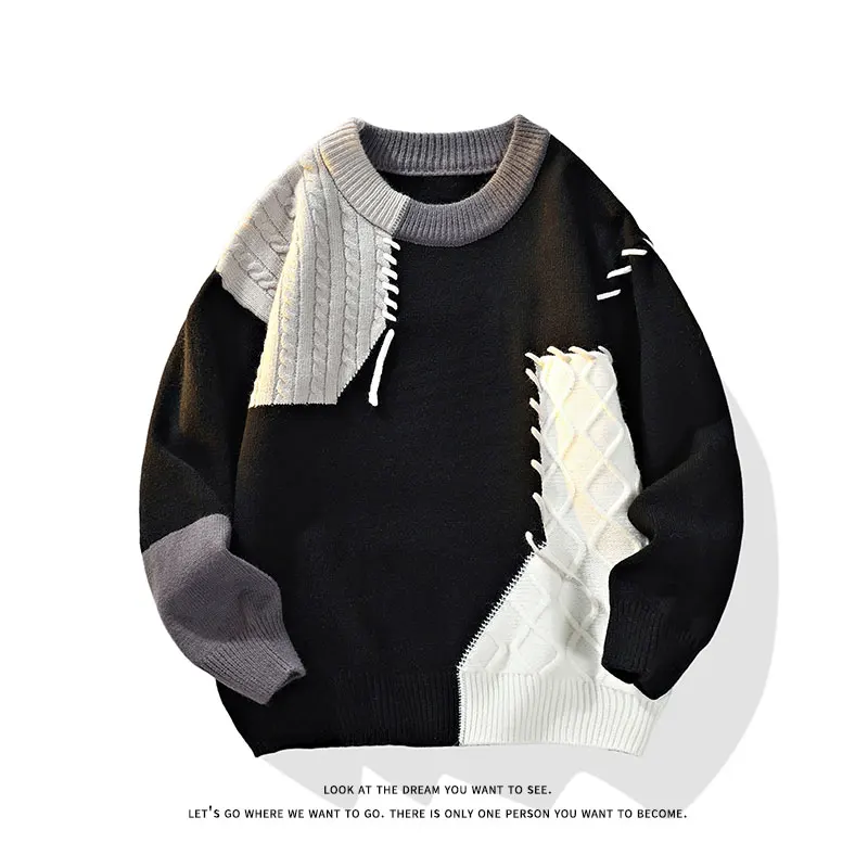 2025 outono inverno quente masculino suéteres estilo coreano retalhos pullovers em torno do pescoço camisola de malha das mulheres dos homens moda malhas