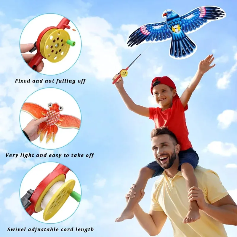 1 Juego de cometa de águila y mariposa de dibujos animados para niños, cuerda de 164 pies/50m con mango, cometa voladora de verano al aire libre, juguete para niños