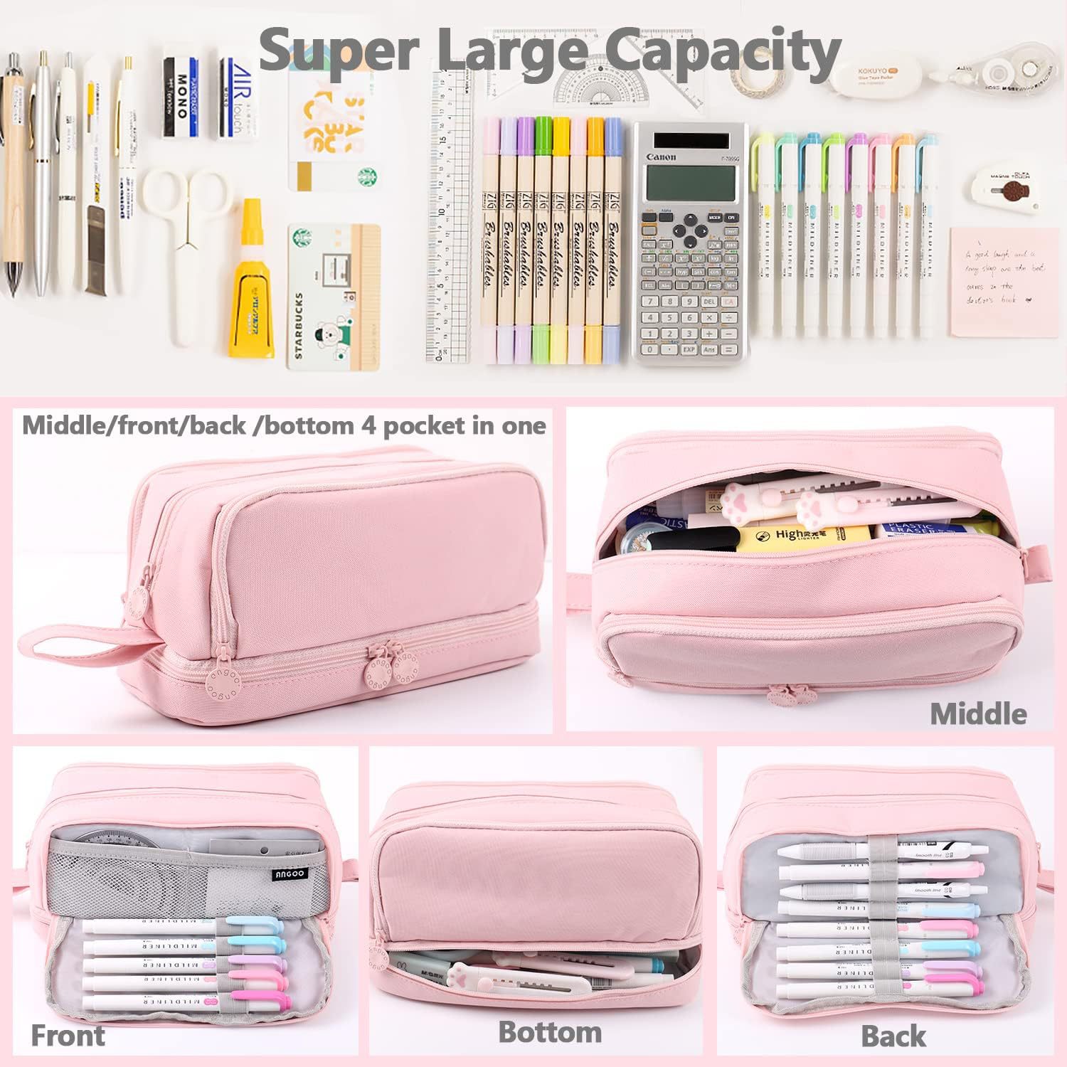 Black Pencil Bag High Capacity Pen Case Solid Color Ruler Canvas Pouch School Supplies Gift Holder Storage 2 Layers Organizer IN