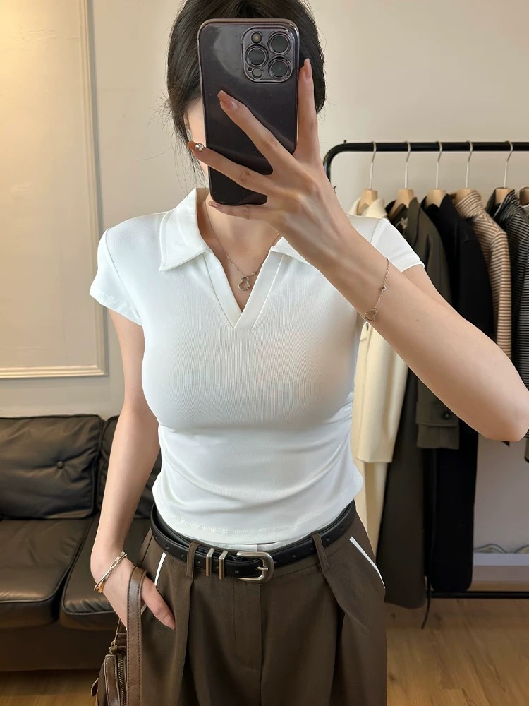 Cotton Summer Sexy Women's T Shirt Skinny Slim Basic Solid Crop Top Short Sleeve Polo TShirtCasual Top Tee for Women