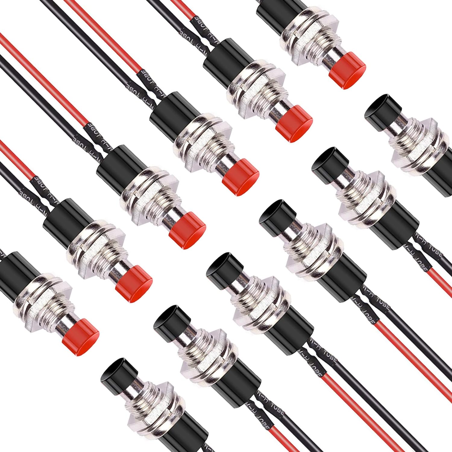 10Pcs 12V 250V Momentary Push Button Switch 2 Pins SPST 7mm Red and Black Normal Open 1A Mini Round Button Switch with Pre-solde