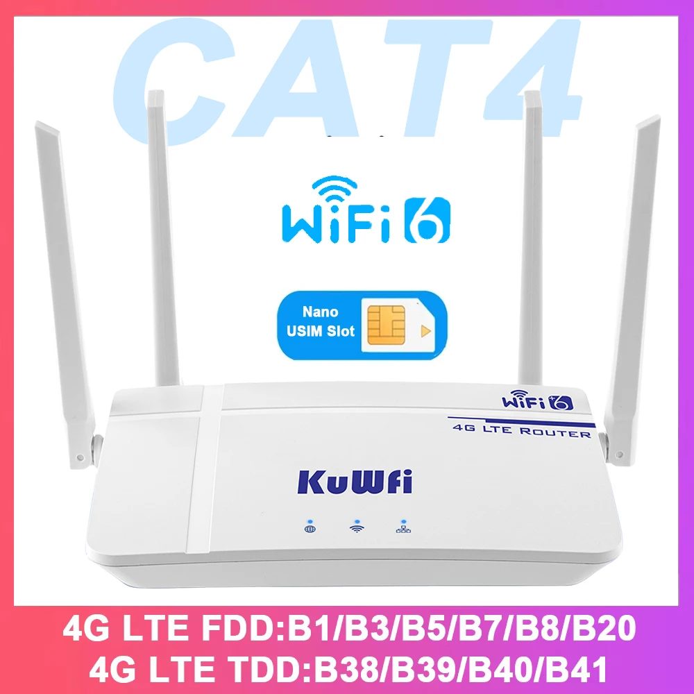 KuWFi 4G CAT4 LTE Router 300Mbps Wireless WiFi6 Router 4G Modem RJ45 Port Nano USIM Slot External Antenna Support to 10 Users