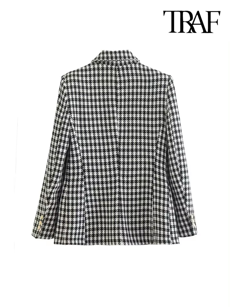 TRAF ผู้หญิงแฟชั่น Double Breasted Houndstooth Blazer Coat Vintage แขนยาวกระเป๋าหญิง Outerwear Chic Vestes