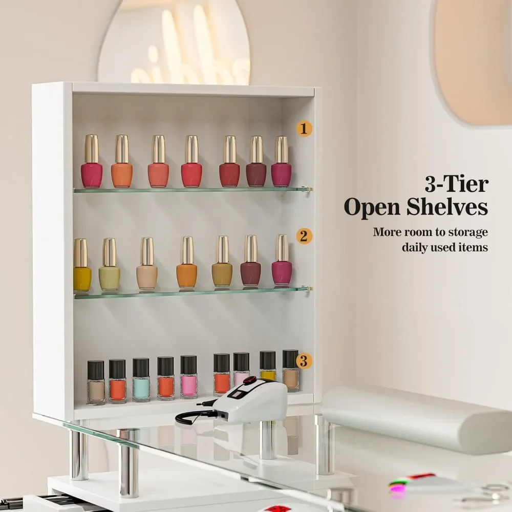 Manicure Table Nail Desk, Glass Top Nail Table Station Acetone Resistant w/Storage Drawers & Open Shelves, Nail tables