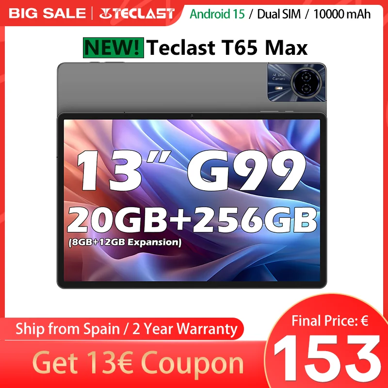 【Weltpremiere】Teclast T65 Max 13" HD-Display Android 14 Tablet MediaTek G99 8 GB RAM 256 GB ROM 10000 mAh Akku Widevine L1