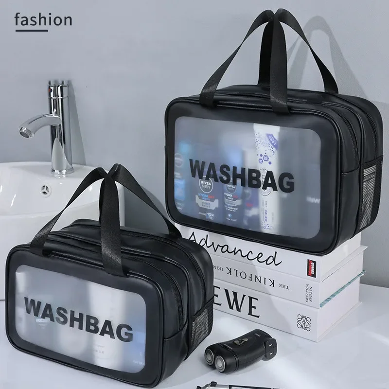 Bolsa de maquillaje de PU transparente doble con separación en seco y húmedo, bolsa de lavado portátil, bolsa de almacenamiento de cosméticos, artículos esenciales para viajes, fitness y natación