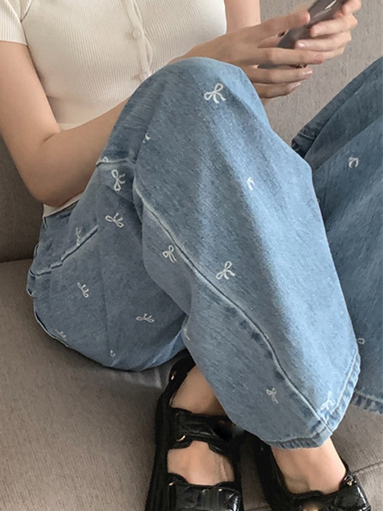 Korean Sle Loose Fit Straight Leg Jeans for Women with Knot Design Elegant Ageless Long Pants High Waist Denim