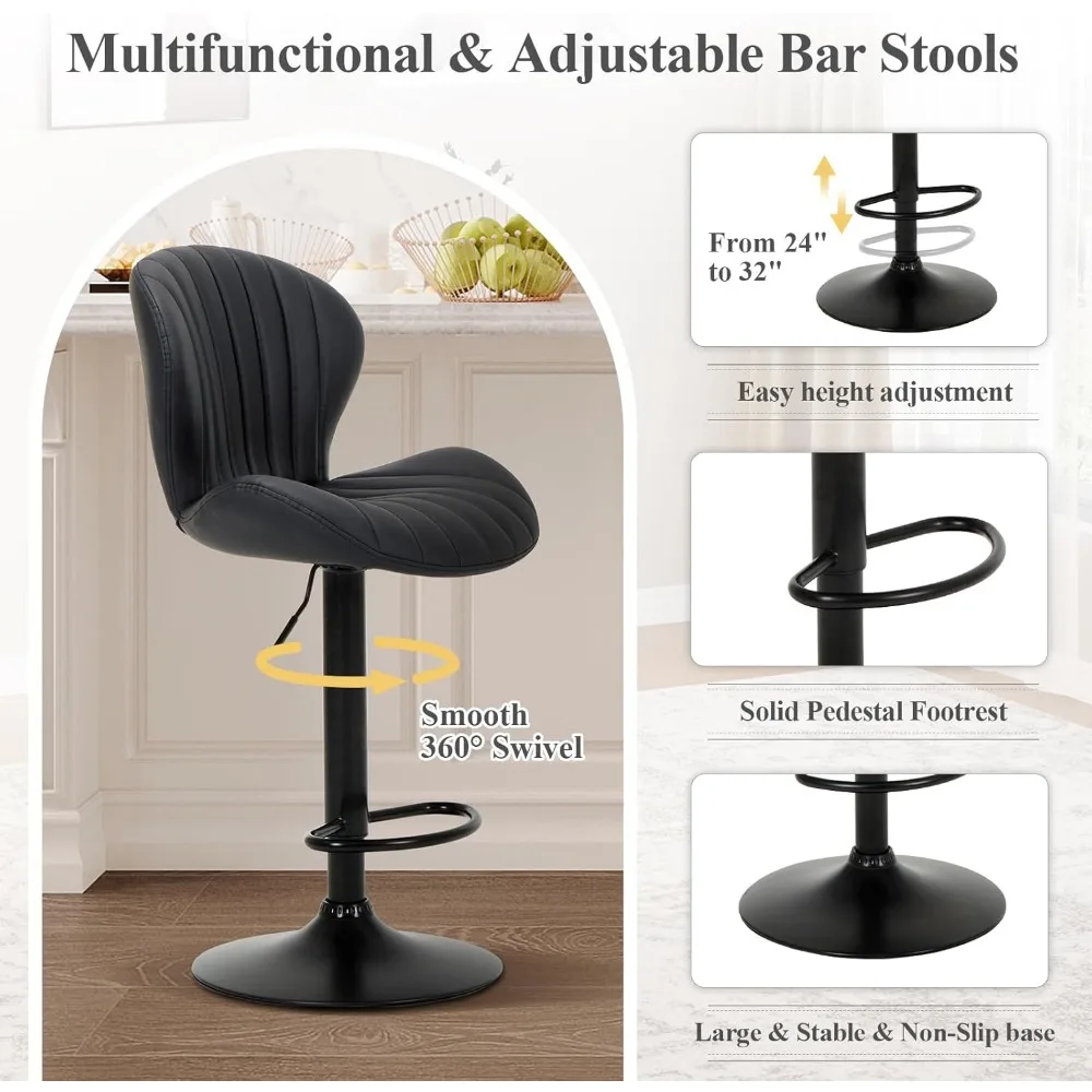 Set of 4 Modern Swivel Counter Height Bar Stools with Adjustable Faux Leather Upholstery and High Backs