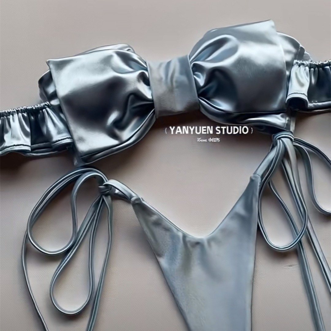 Seksowne 2-częściowe różowe bikini Bandeau 2024 Strój kąpielowy dla kobiet Stringi Stroje kąpielowe Duża kokarda Bikini Falbana Koreański strój plażowy Y2K Strój kąpielowy