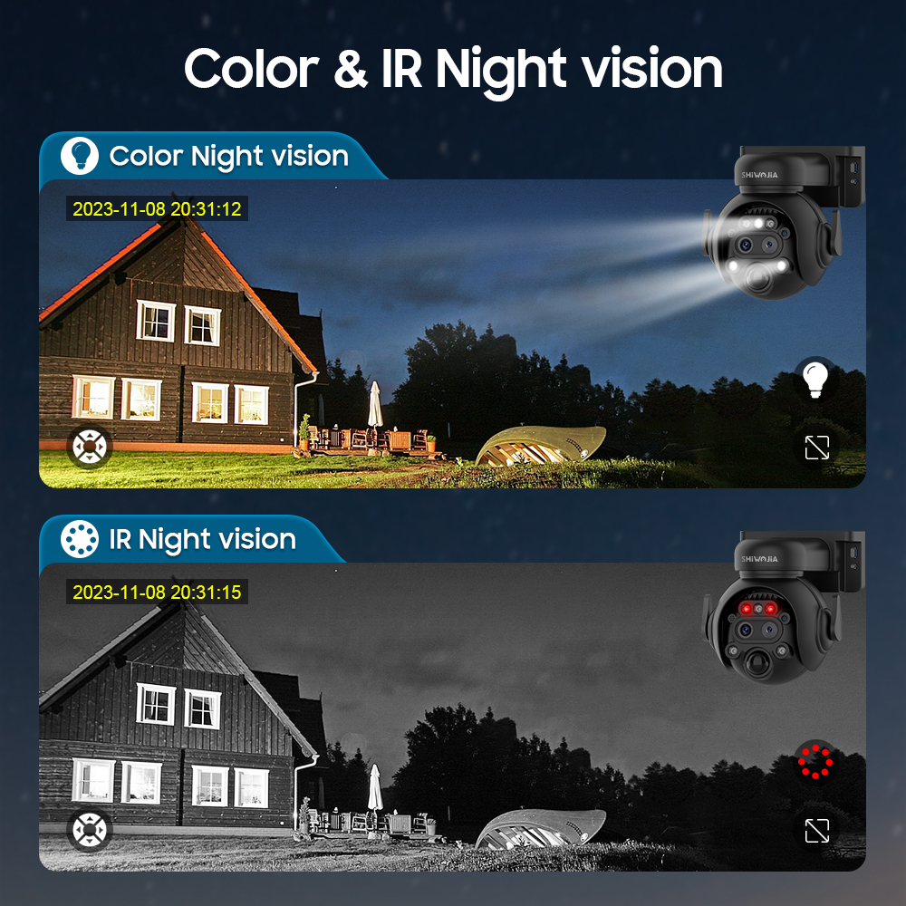 SHIWOJIA 12X Zoom 4G LTE Telecamera di sicurezza solare 8MP Visione notturna Dual-Lens WiFi esterno Batteria solare Telecamera PIR Rilevamento umano