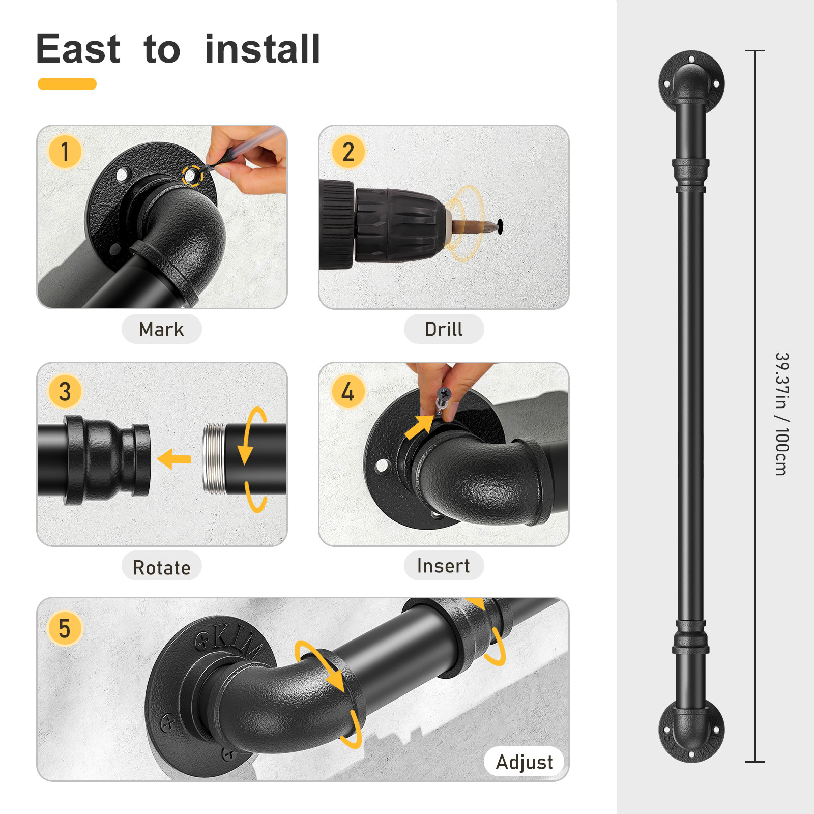 Stainless Steel Stair Corrimão para Indoor Stairway, Black Pipe, Wall Mount, Industrial Iron Loft, 110lbs Capacidade de carga, 2m