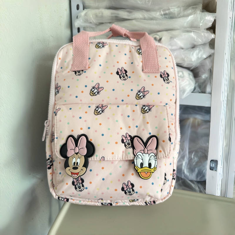 Disney Minnie Daisy Pink Canvas Rucksack Kawaii Polka Dots Print Große Vordertasche Leichtes wasserabweisendes Geschenk für Mode