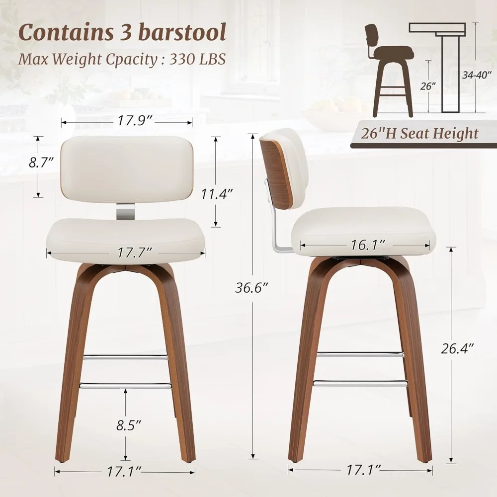 Swivel Counter Height Bar Stools Set of 3, 26" Upholstered Seat Barstools with Back Walnut Wood Legs, Mid-Century PU Leather Bar