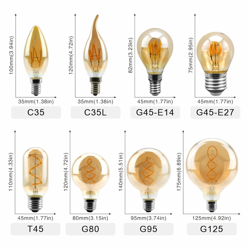 Retro LED Xoắn Ốc Dây Tóc Bóng E14 E27 4W Màu Vàng Ấm Áp 220V C35 A60 T45 ST64 T10 T185 t225 G80 G95 G125 Vintage Edison Đèn
