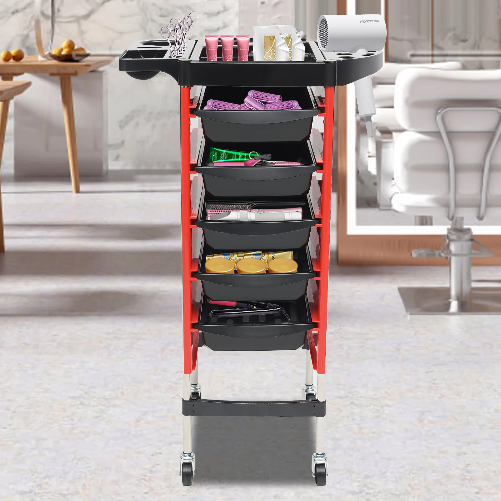 Red Salon SPA Mobile Organizer Stand Carrello multiuso per parrucchiere 5 cassetti estraibili con 4 ruote
