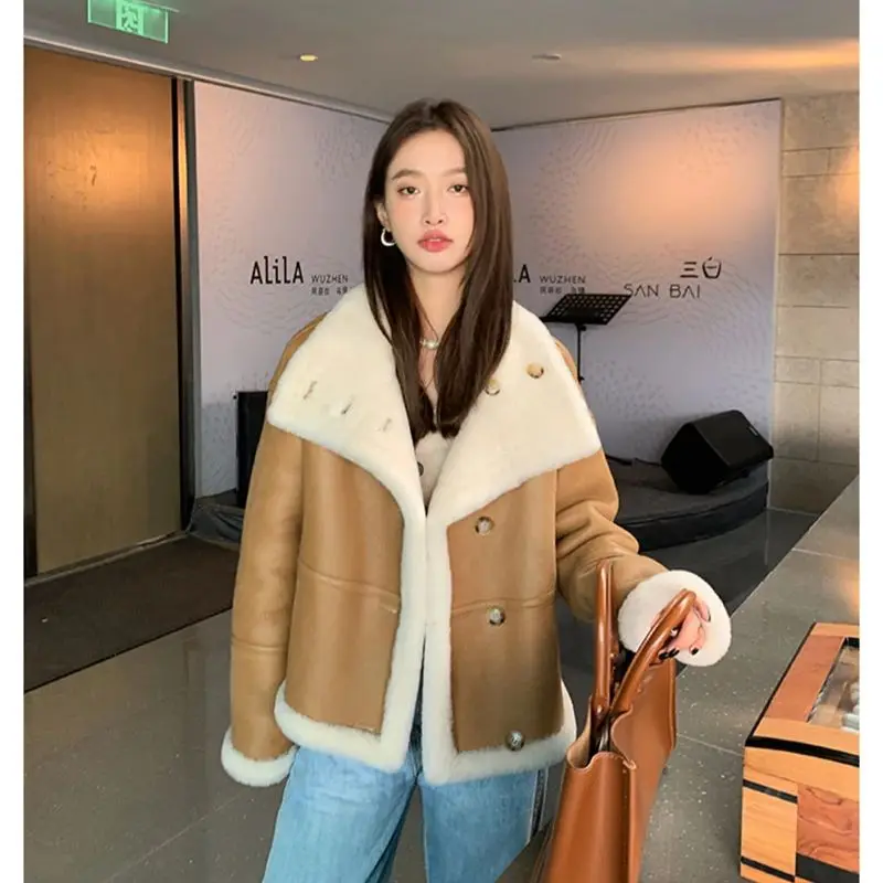 女性用合成皮革ウールジャケット,女性用本物のラムファーコート,冬のファッション,lsbh69,2024