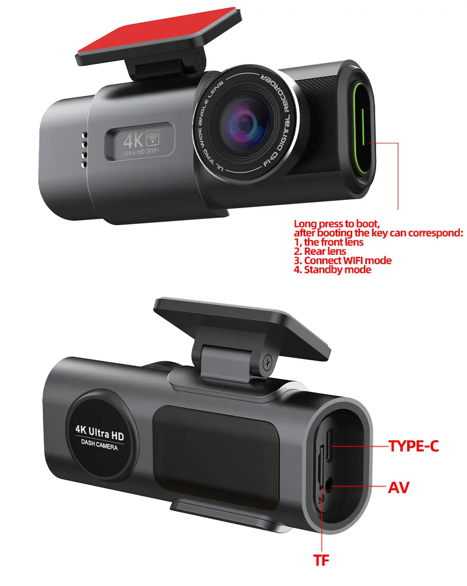 Cámara de salpicadero de doble lente, grabación 4K UHD, cámara de coche DVR, grabadora de vídeo de visión nocturna, Wi-Fi incorporado, compatible con GPS, estacionamiento 24H