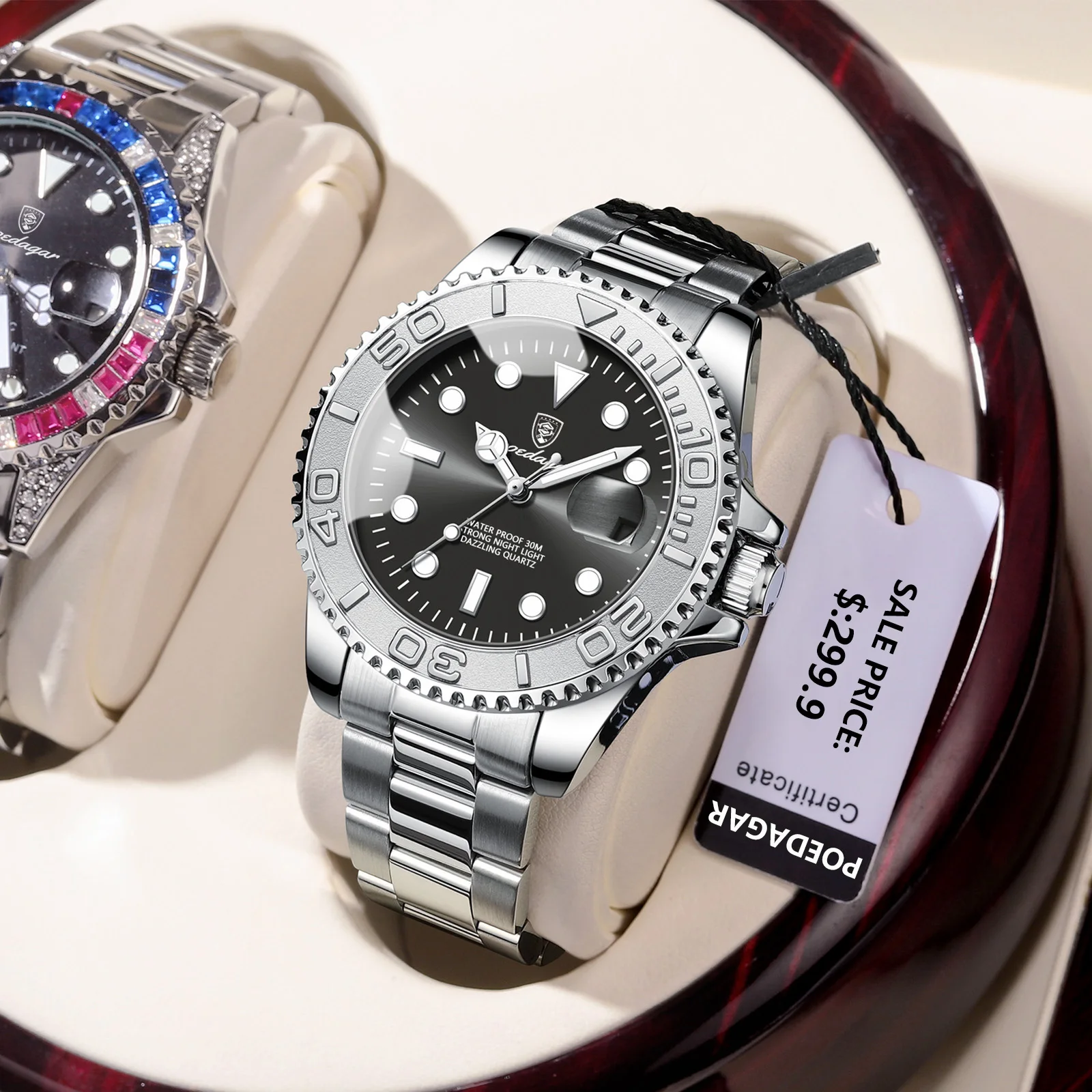 Reloj POEDAGAR de lujo para hombre, Reloj de cuarzo de negocios para hombre, Reloj deportivo resistente al agua con fecha luminosa, relojes de acero inoxidable para hombre, Reloj + caja