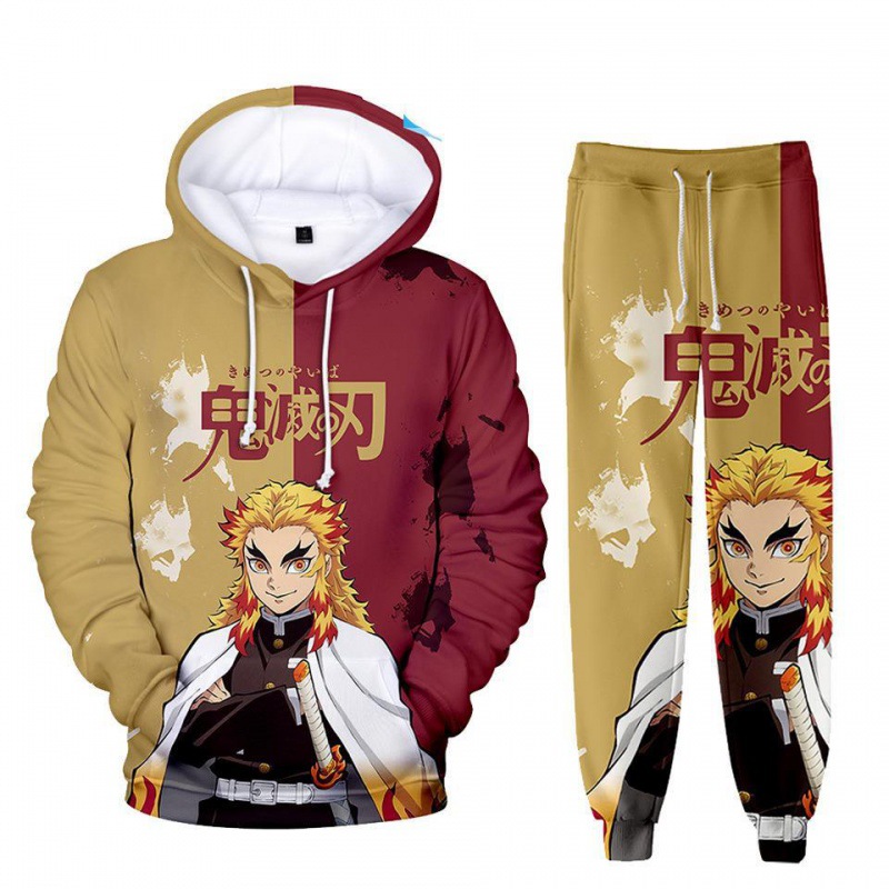 Anime demon slayer hoodies 3d impresso cosplay calças + moletom com capuz 2 pçs conjunto de treino masculino oversize vintage streetwear calças com capuz conjuntos