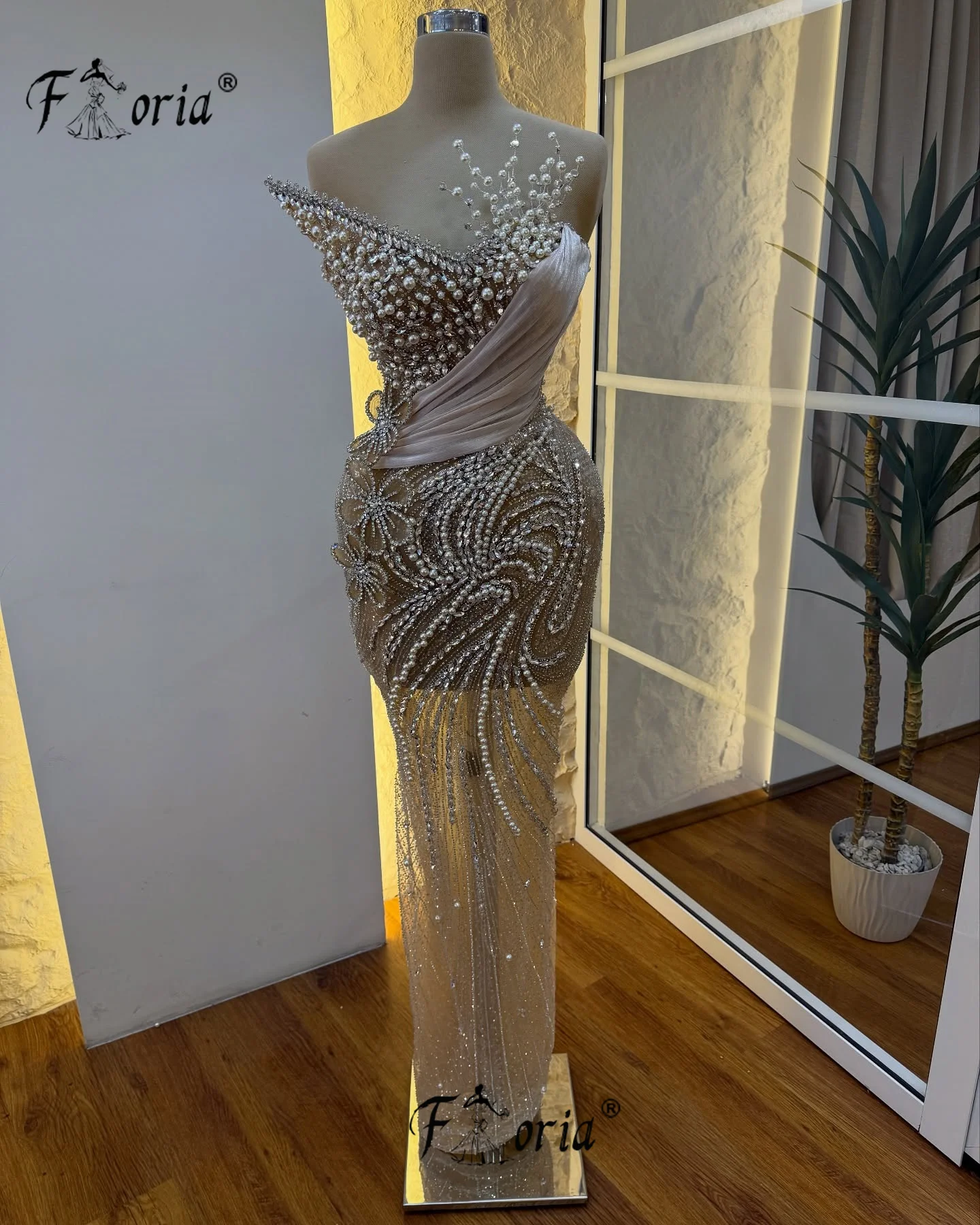 Moderne Perlen Perlen Meerjungfrau Abendkleid Champagner Applikationen 3D Prom Kleider Luxus Frau Party Robe de soiree Angepasst 2025