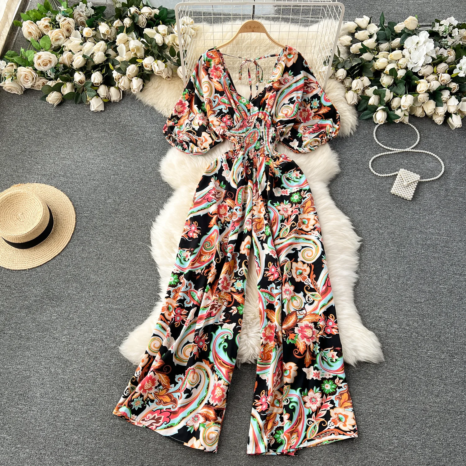 V-Hals Sexy Dolman Mouwen Taille Slanke Bloemenprint Jumpsuit Vrouwen Wijde Pijpen Broek Jumpsuit