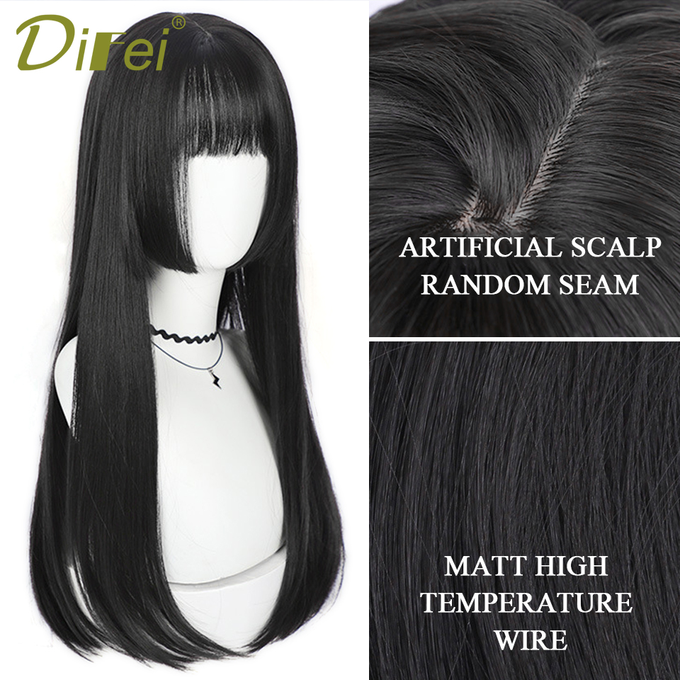 ธรรมชาติยาวตรงวิกผมสังเคราะห์สีดํากับ Bangs Lolita COSPLAY ผมวิกผมผู้หญิงความร้อนทน Daily PARTY วิกผม Fem