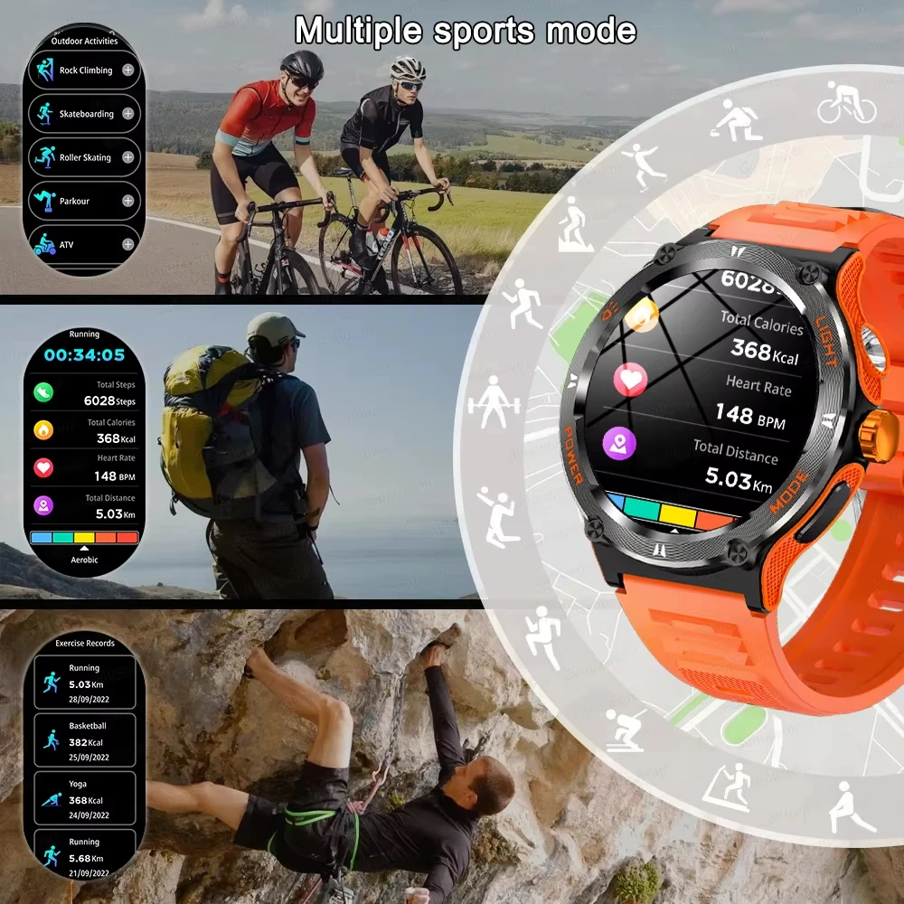 男性用の頑丈なミリタリースマートウォッチ,GPS,Bluetooth通話,500mAh, 3気圧,防水,屋外,Huawei, Xiaomi,2022