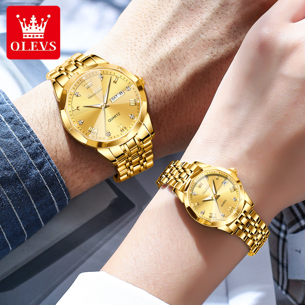 OLEVS 9931 reloj de cuarzo Original de lujo para hombres y mujeres, reloj de escala romana con diamantes, reloj de pareja con fecha automática y espejo rombo a la moda
