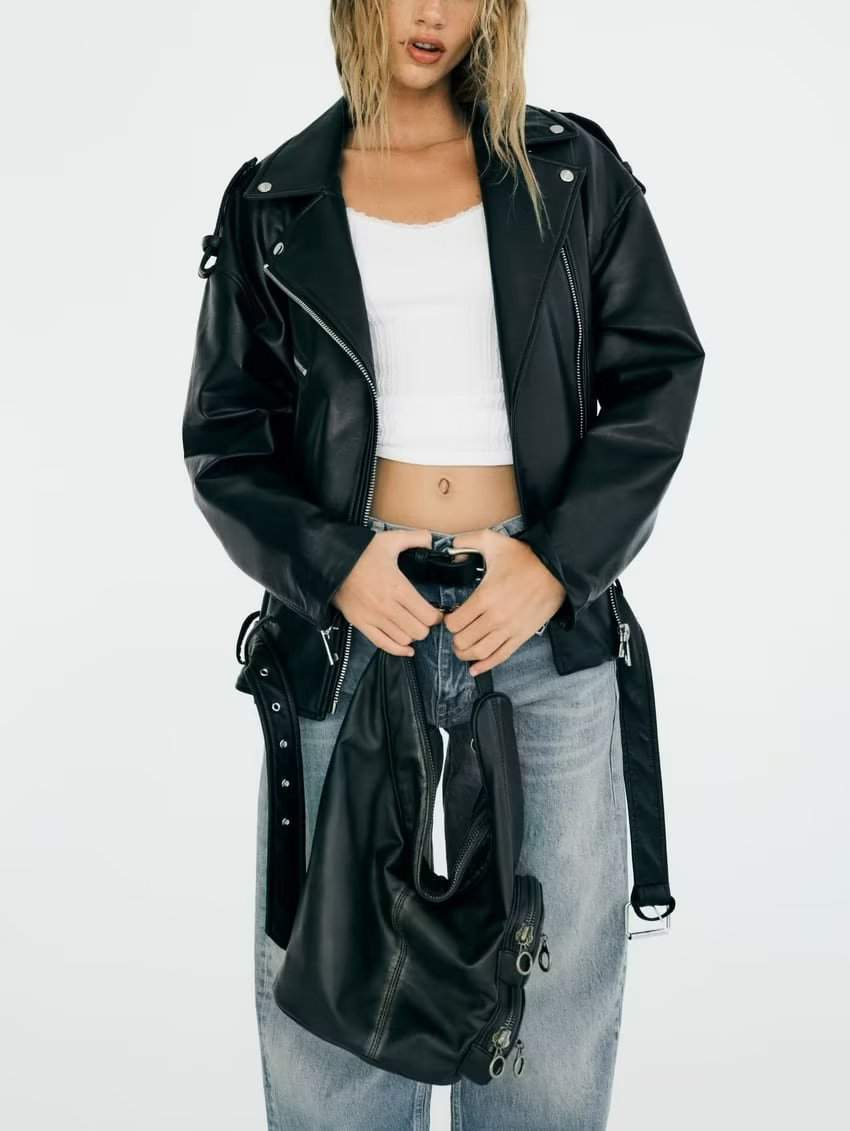 Jaqueta Fena de Couro PU Estilo Retrô Primavera Nova, Manga Longa Solta, Gola Lapela Preta, Moda Externa 34278